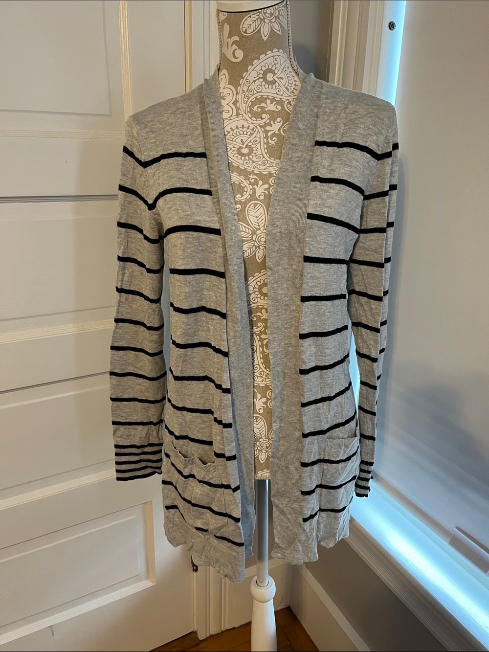 Express Gray and Black Striped Open-Front Cardigan